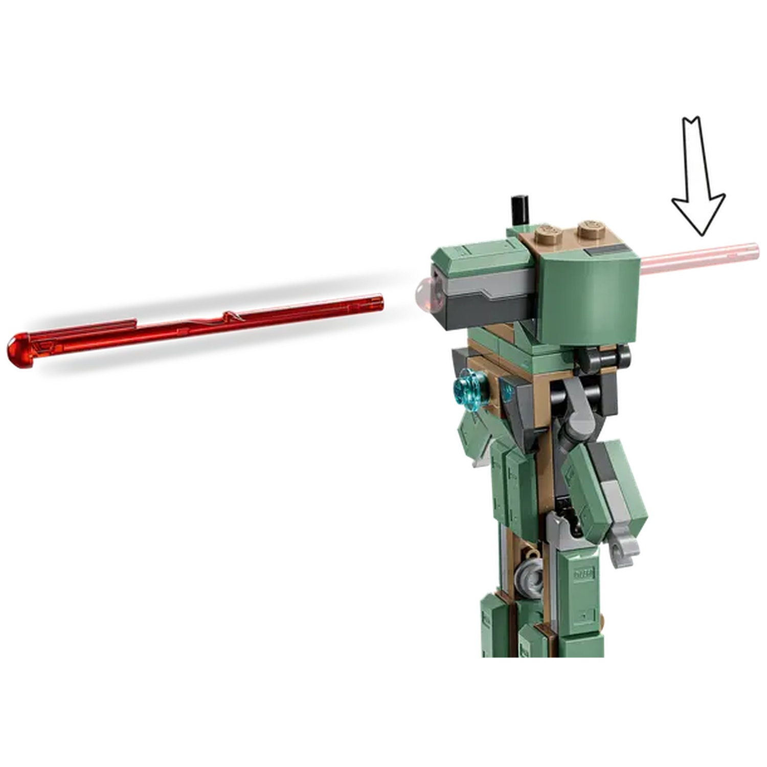 A Lego robot with a red transparent rod shooting out. An arrow points towards the rod.
