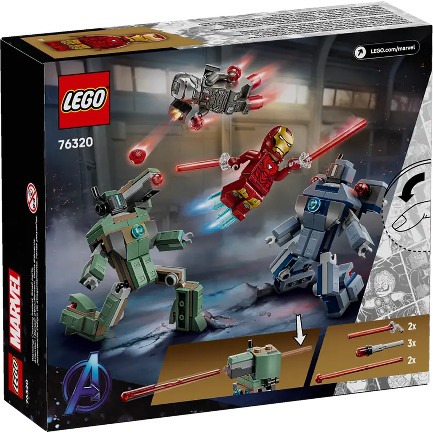 Lego box featuring Iron Man and robots. The Avengers logo is on the box. Various Lego pieces are also shown.