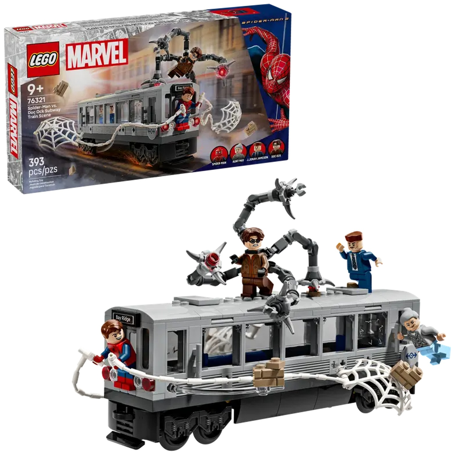 Lego set of Spider-Man vs. Doc Ock on a subway train. Includes minifigures and web details. The box shows Spider-Man.