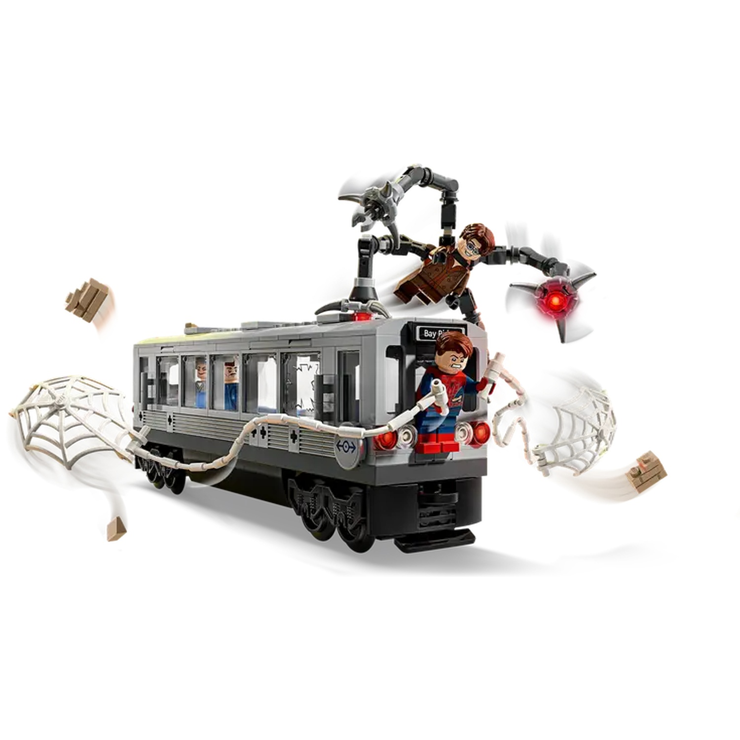 Lego set of Spider-Man on a gray subway train, fighting with Doctor Octopus. Web and blocks are flying. White background.