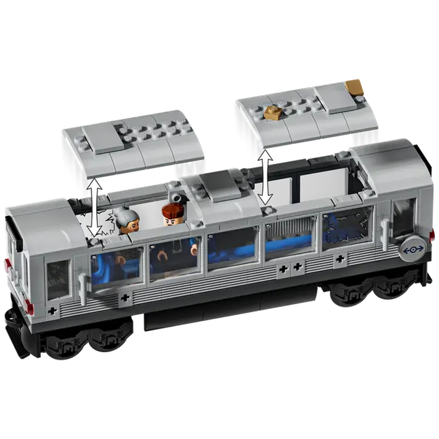 A Lego train with two removable roof sections. Inside, two Lego figures are visible. The train is gray with black wheels and details.