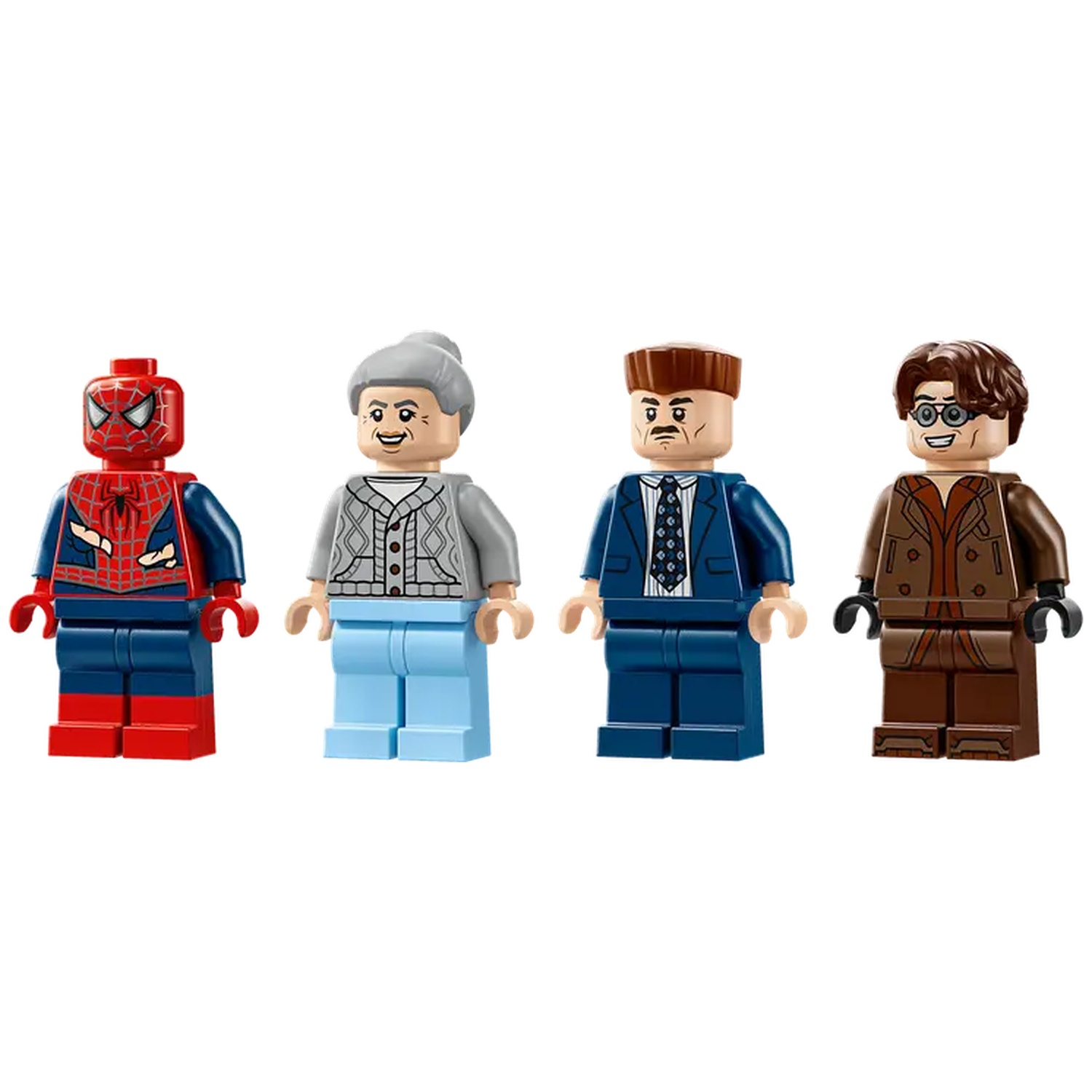 Four LEGO figures: Spider-Man, an elderly woman, a man in a suit, and a man in a brown jacket, all standing in a row.