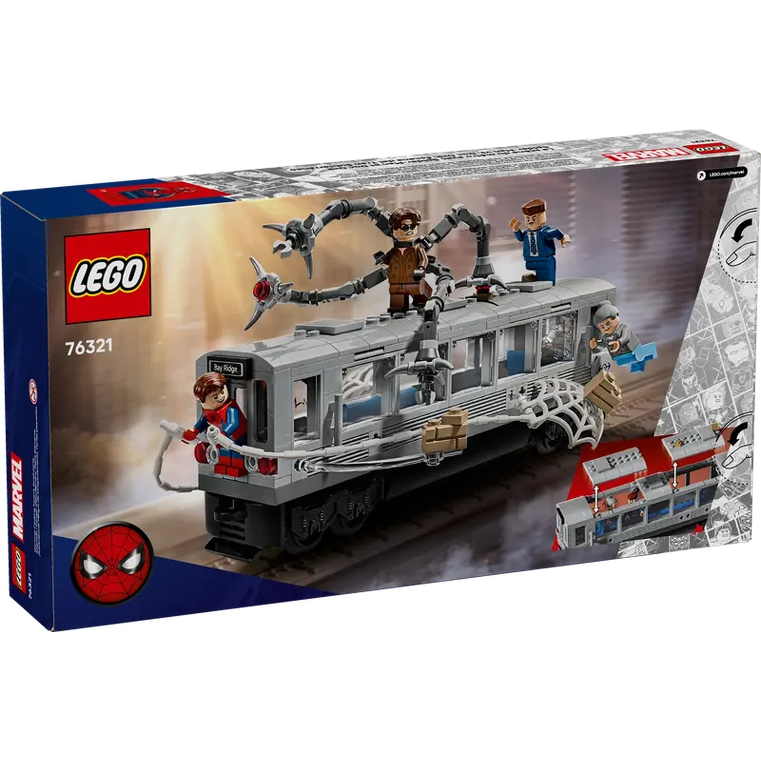 Lego set box. Gray subway train with Spider-Man and villains. Spider-Man on train, Doctor Octopus on top, other figures.