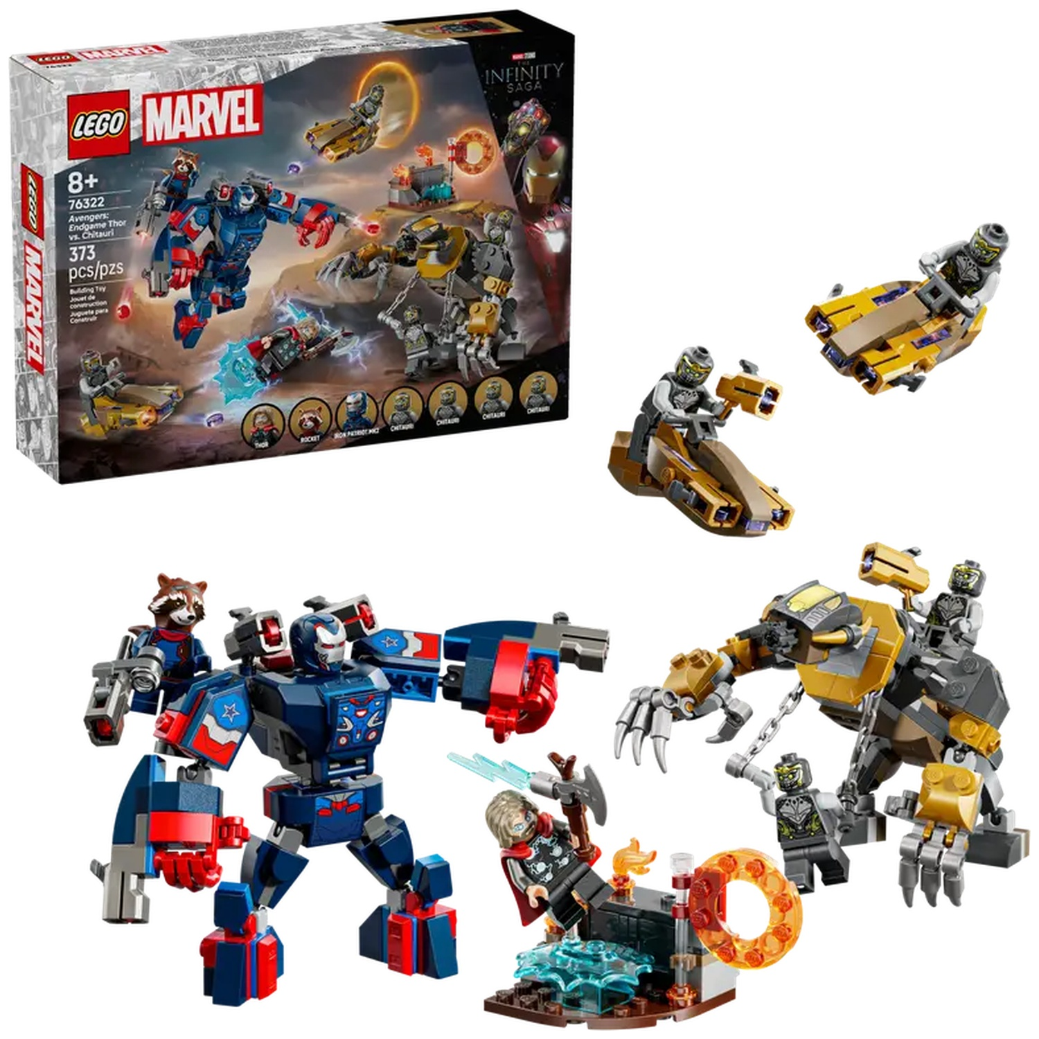 Lego set: Iron Man mech, Rocket, Thor, Chitauri, and other characters. The set features building toys and the Infinity Saga.
