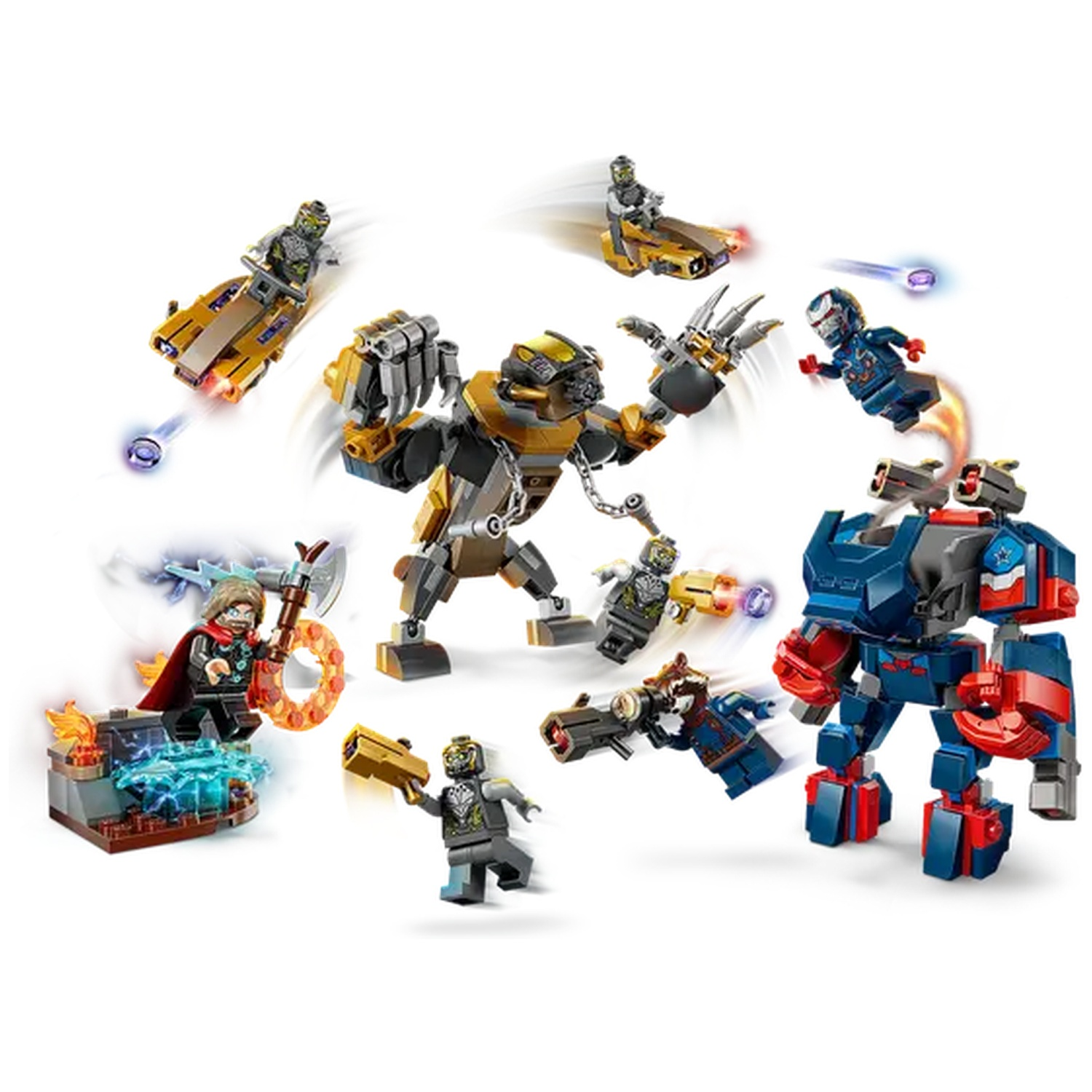 Lego set with various Marvel characters and vehicles. Includes Iron Man, Thor, and other superhero figures in action poses.