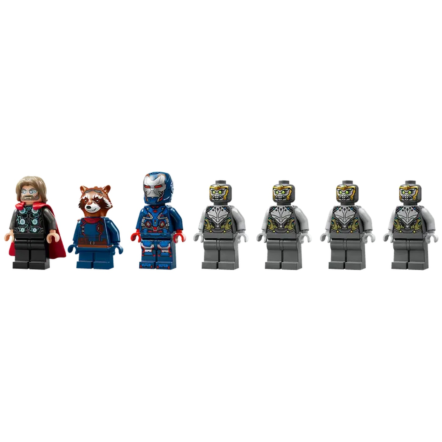 Lego figurines of Marvel characters. Thor, Rocket, Iron Man, and Ultron robots are lined up against a white background.