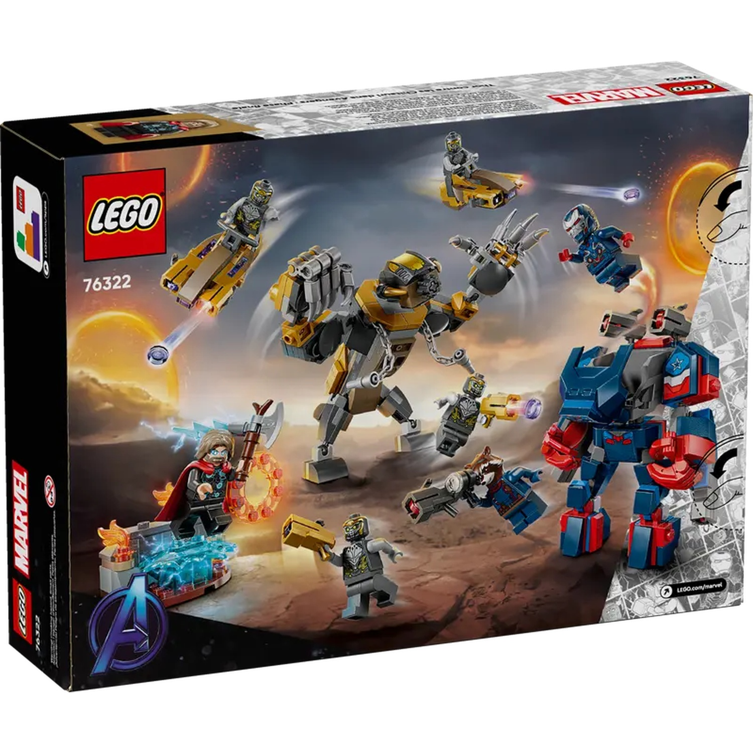 Lego set box featuring Marvel characters. Includes figures of Thor, Iron Man, and various villains with action scenes and mechs.