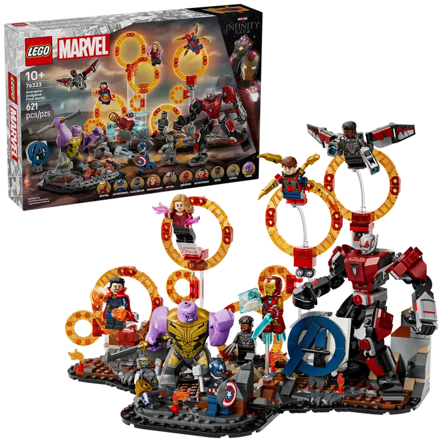 Lego Marvel Avengers Endgame set. Includes various characters like Thanos, Iron Man, Captain America, and others. The set features a battle scene.