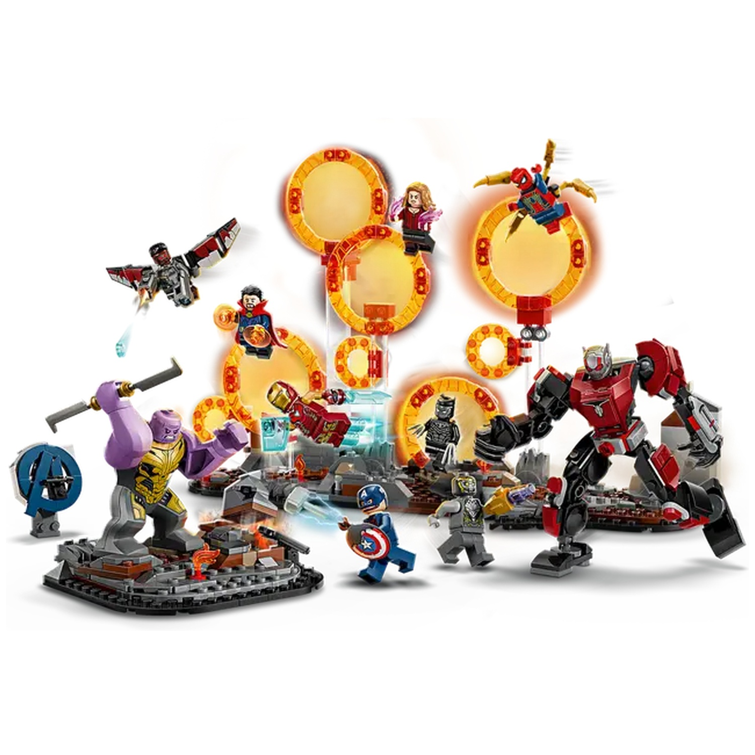 Lego set depicting Avengers characters battling Thanos and other villains, with portals and a red robot.