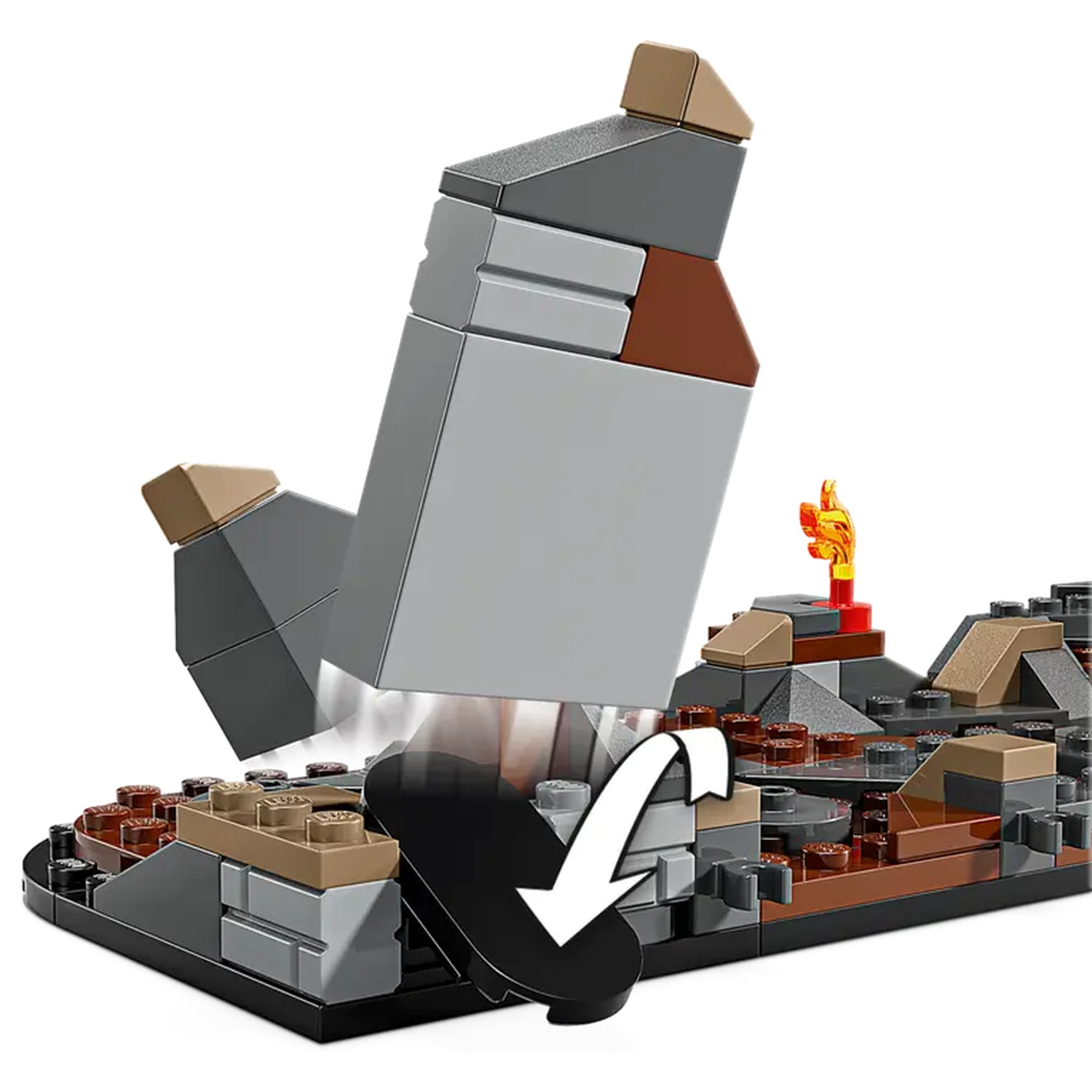Lego set depicting a collapsing structure. Gray and brown blocks form a rock-like structure with an arrow indicating movement.