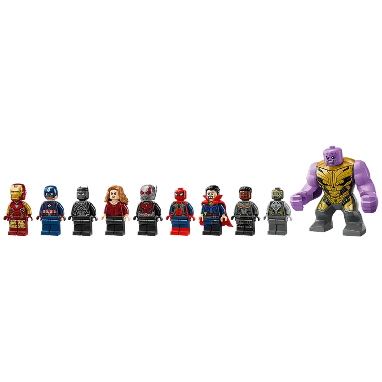 Lego figurines of Marvel characters. Iron Man, Captain America, Black Panther, Scarlet Witch, Ant-Man, Spider-Man, Doctor Strange, Thanos.