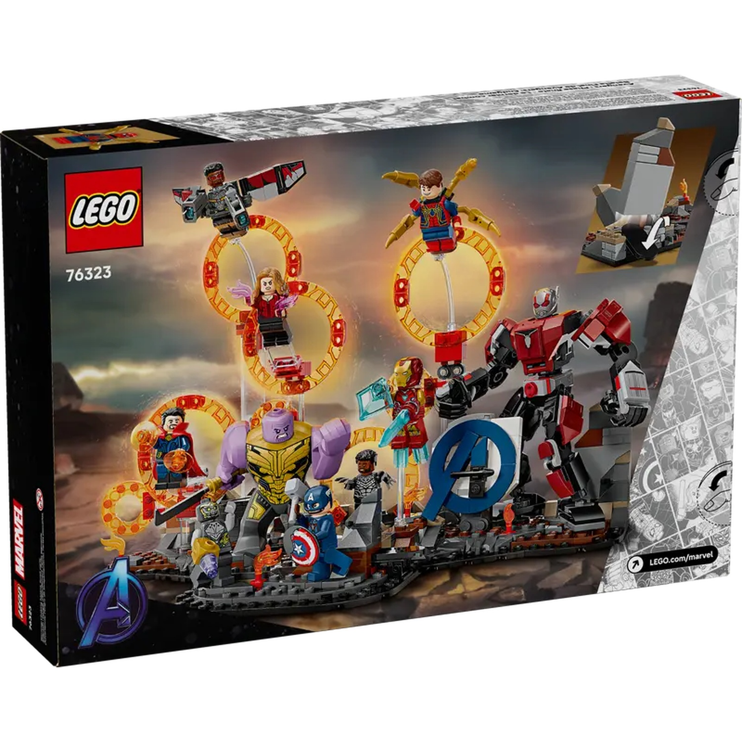 Lego Avengers set box. Features multiple characters like Thanos, Captain America, and Iron Man. Includes flying figures and a large logo.