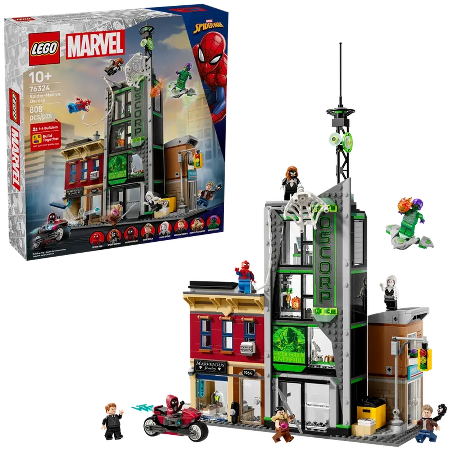 Lego Marvel set. Spider-Man and villains battle. Buildings, characters, and a motorcycle are featured in the set.