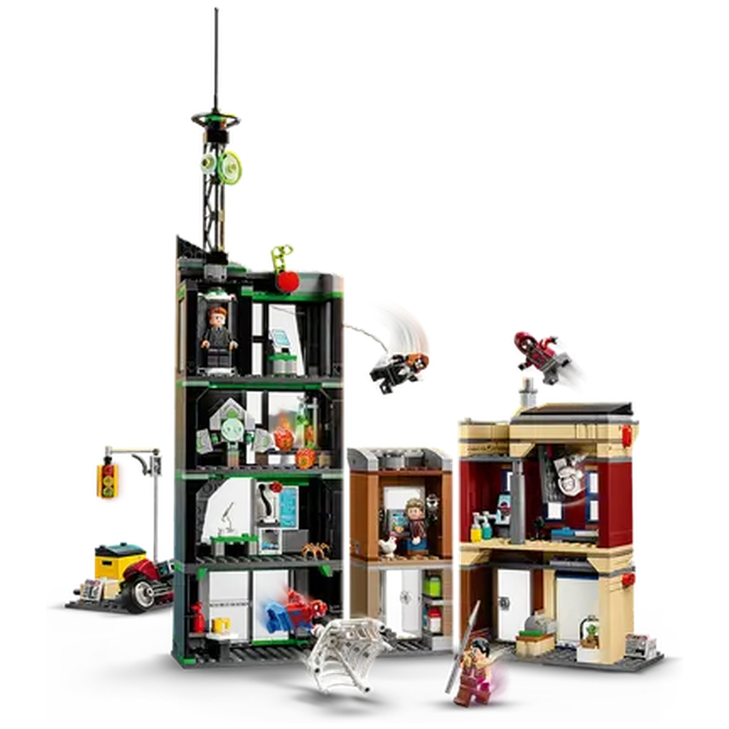 Lego set with buildings, figures, and vehicles. Spider-Man and other characters are included, with a web and traffic light.