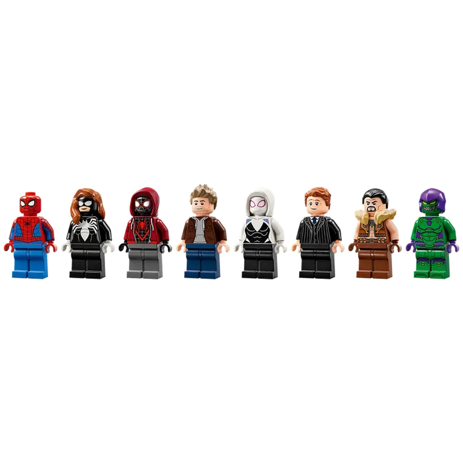 Seven Lego figures of Spider-Man characters are in a row. They include Spider-Man, Spider-Woman, and Green Goblin.