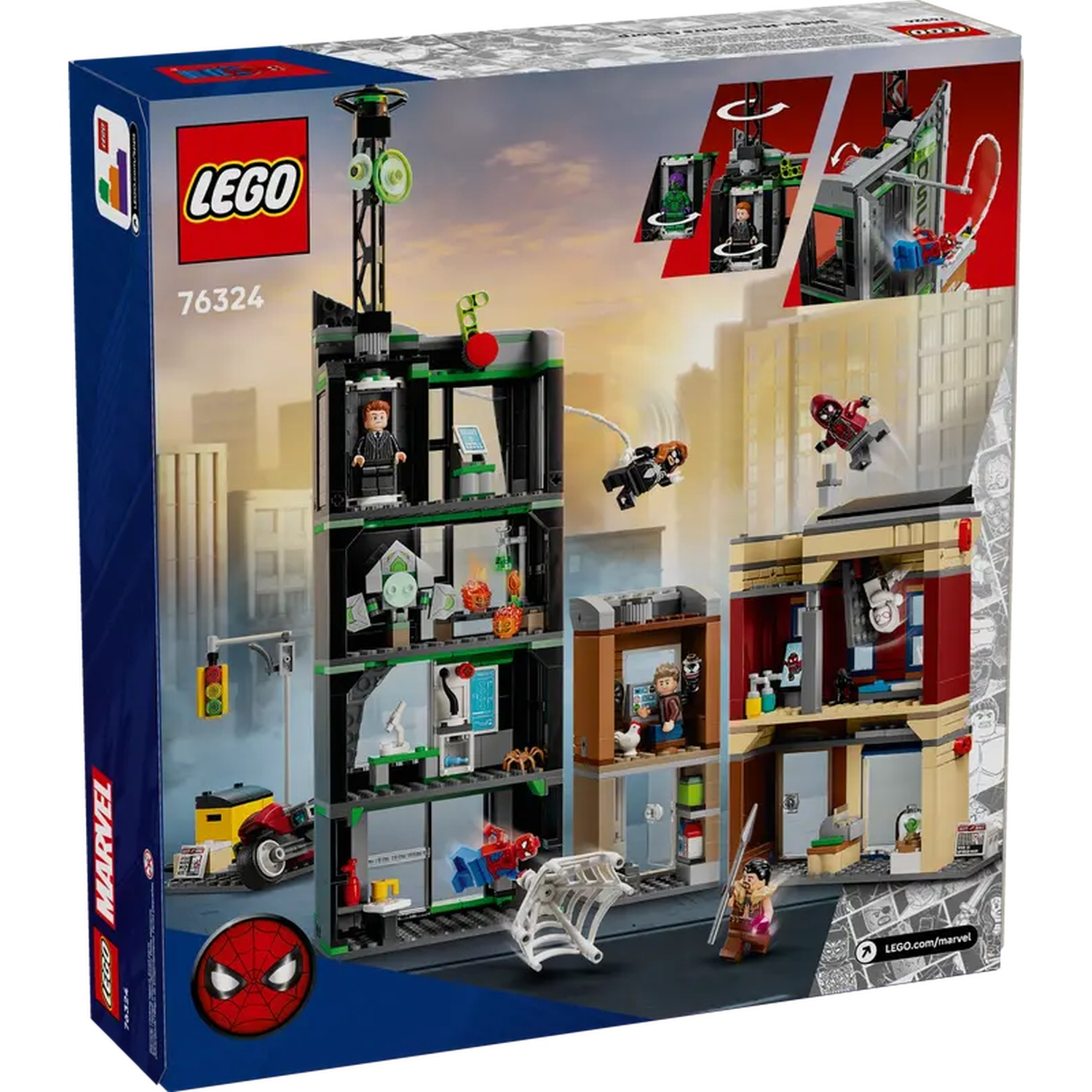 Lego set box. Features Spider-Man figures, building, motorcycle, and other Marvel characters. The background has a cityscape.