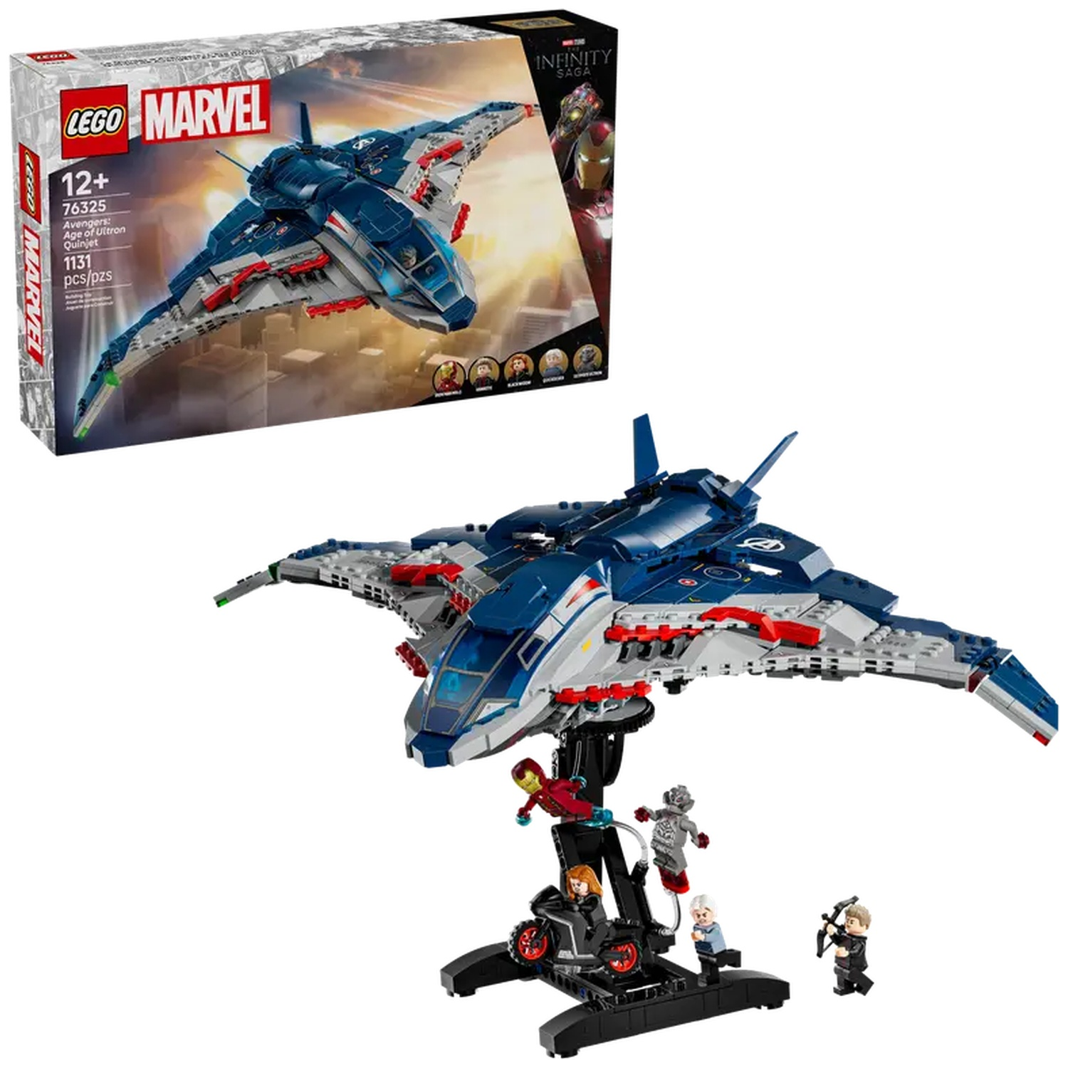 A Lego set of the Avengers Quinjet, with characters and a display stand. The box is visible in the background.
