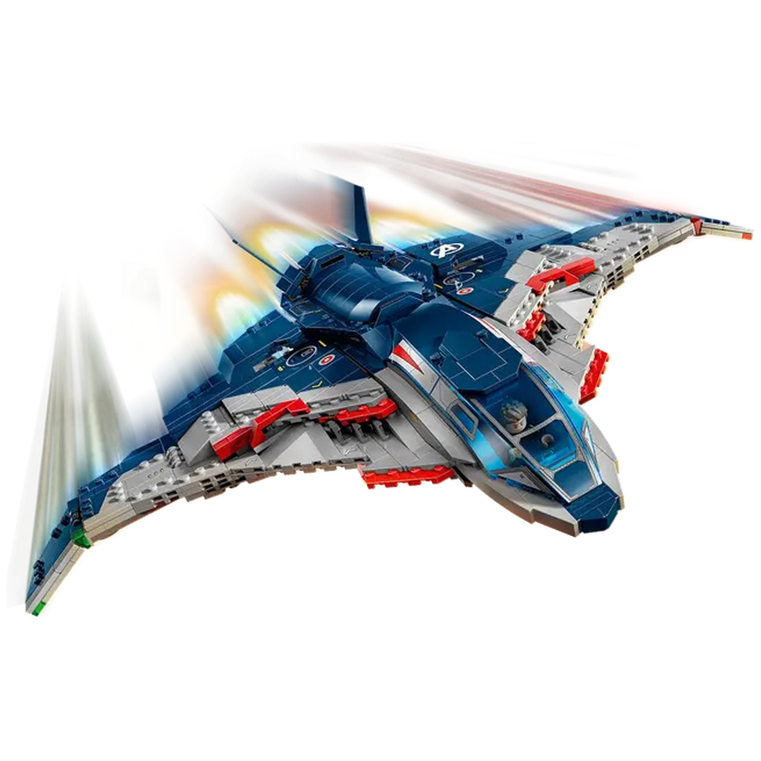 A blue and gray toy airplane with red accents is shown in flight, with motion blur effects. It has a cockpit and wing details.