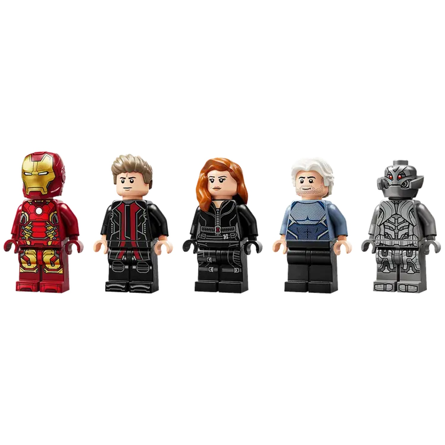 Five Lego figurines: Iron Man, Quicksilver, Black Widow, Ultron, and another hero, each with unique attire and features, stand in a row.