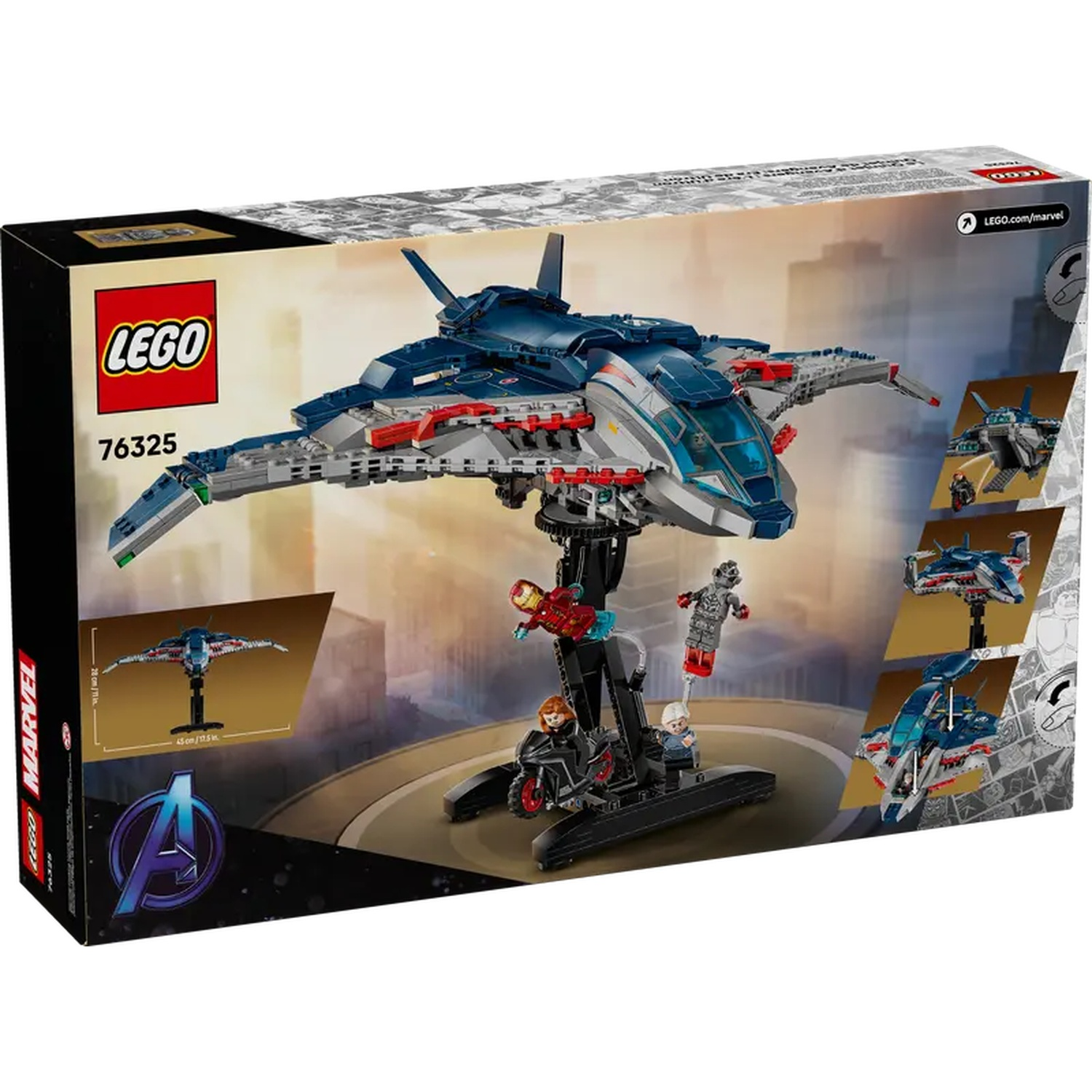Lego set box. A blue, gray, and red jet is displayed with mini figures. The Avengers logo is on the box.