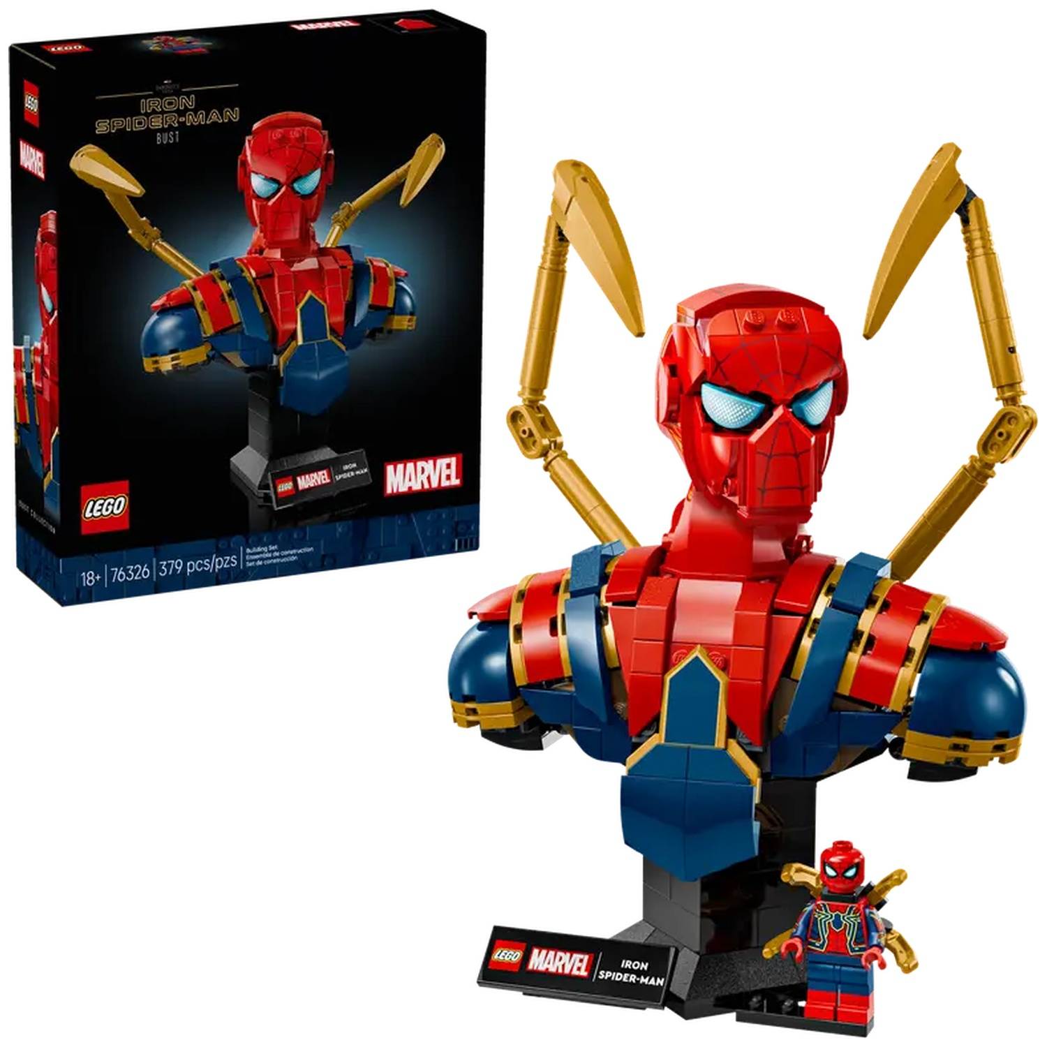 A Lego Iron Spider-Man bust and a Lego mini-figure are displayed. The bust is red, blue and gold. A box is on the left.