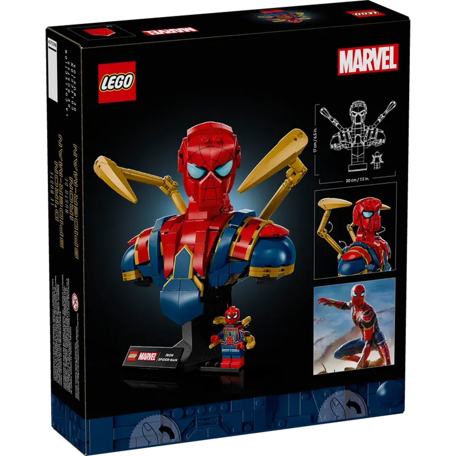 Box art shows a LEGO Iron Spider-Man bust with golden arms. Additional images show the figure and a minifigure.