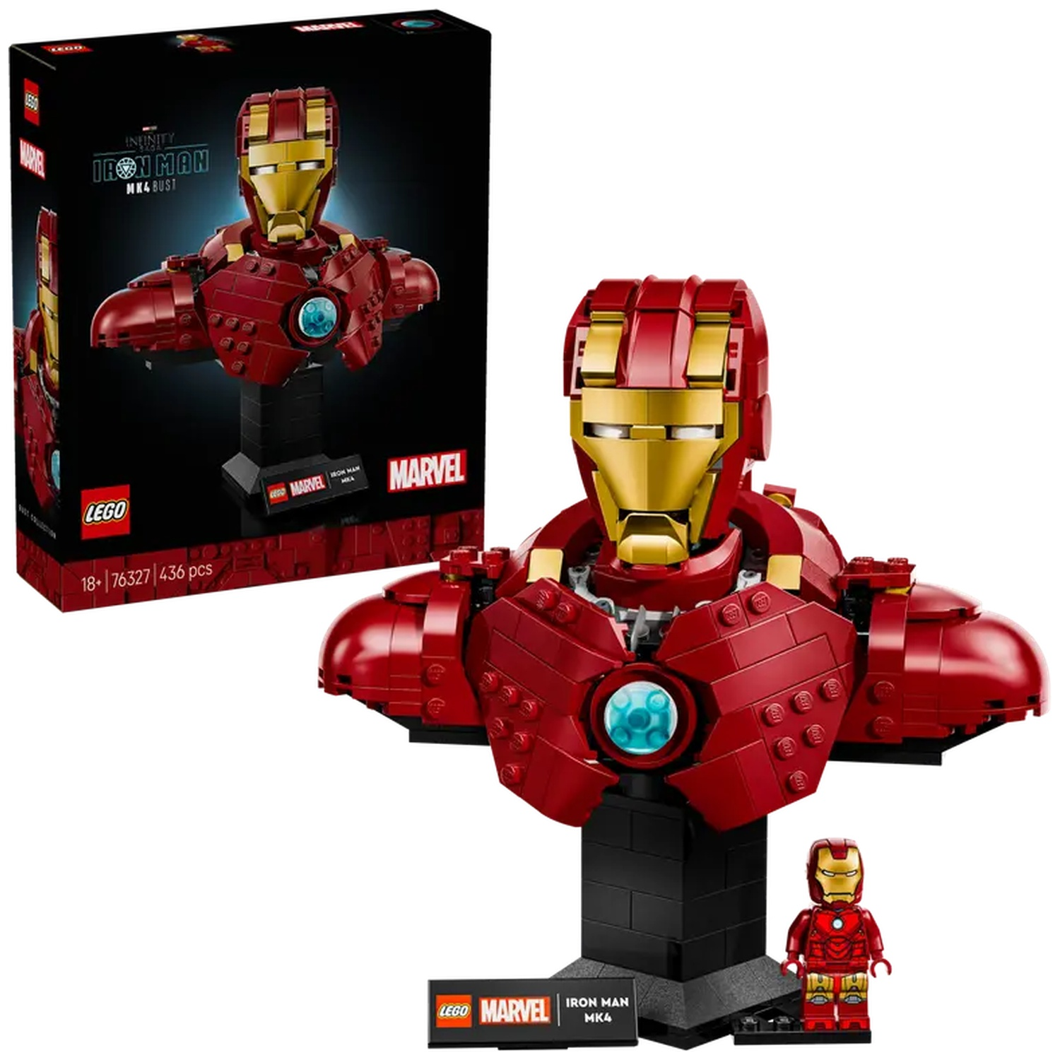 Iron Man Lego set. Red and gold bust, box on the left, and a small Iron Man figure at the bottom right.