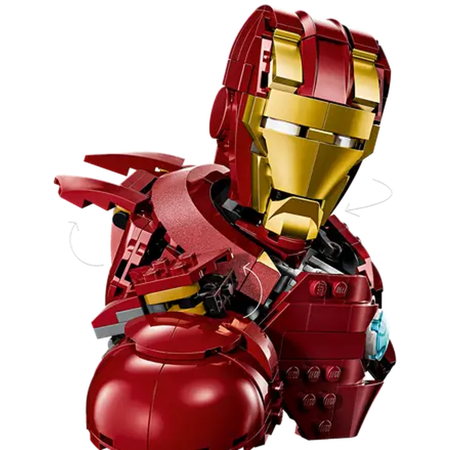 A Lego Iron Man bust, mostly red and gold. The head is gold and red, chest is red, and the background is white.