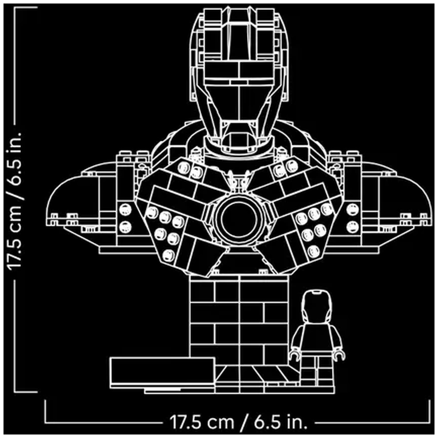 A black and white diagram of an Iron Man bust made of blocks, with a small Iron Man figure next to it.