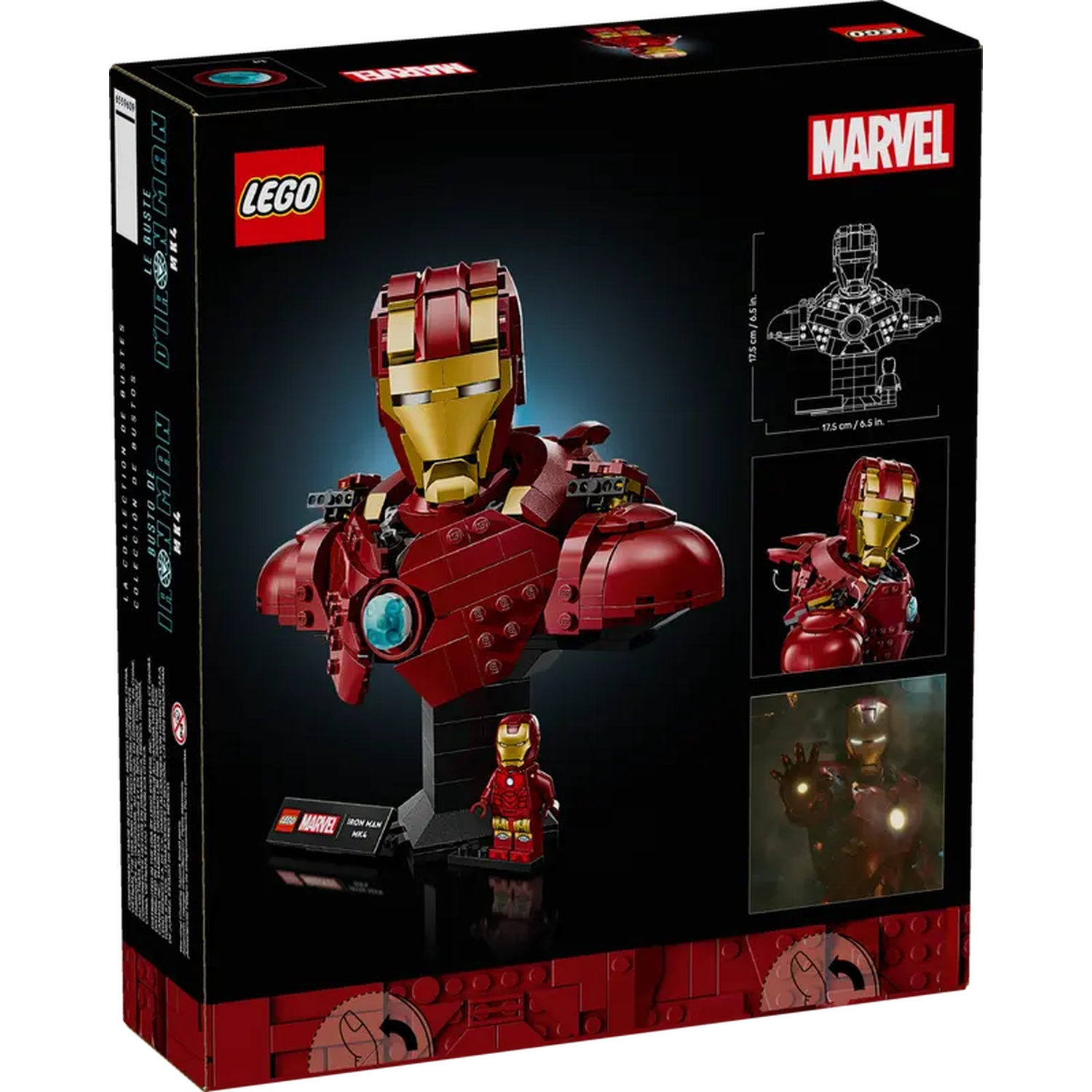 The box shows a LEGO Iron Man bust, featuring the helmet and chest. Additional images show the bust and a small Iron Man figure.