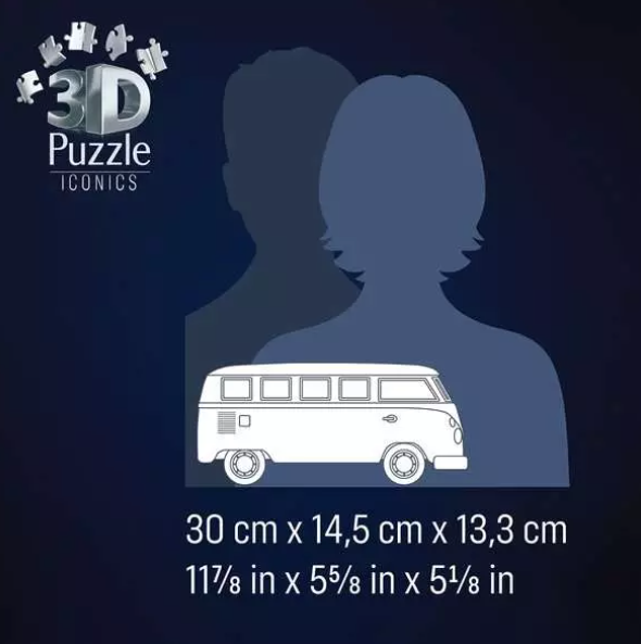 Das Bild zeigt einen weißen Van, zwei Silhouetten und ein Puzzlesymbol. Abmessungen sind in cm und Zoll angegeben.