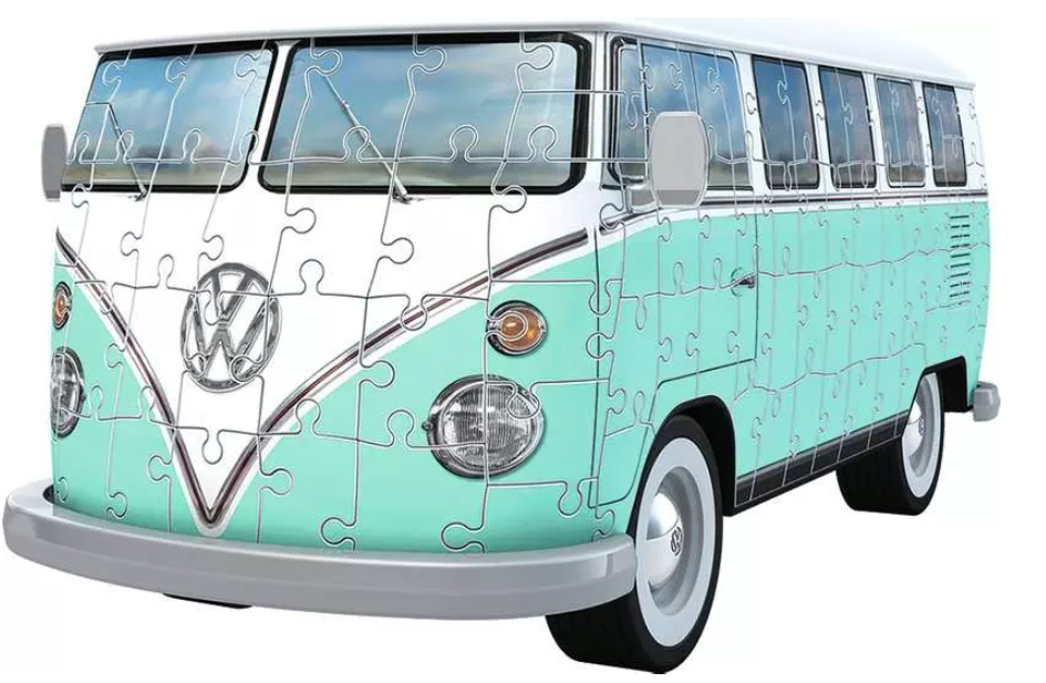 Ein Volkswagen-Van-Puzzle. Der Van ist türkis und weiß, mit dem VW-Logo auf der Vorderseite. Es hat weiße Reifen und ein weißes Dach.