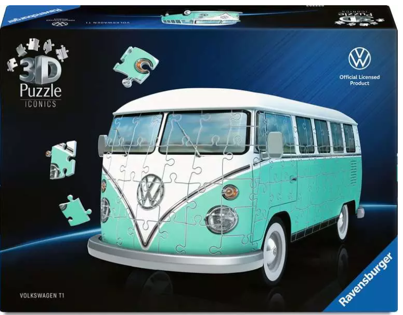 Ein 3D-Puzzle eines teal- und weißen Volkswagen T1-Busses wird gezeigt, mit herumfliegenden Puzzleteilen. Die Box ist ebenfalls sichtbar.
