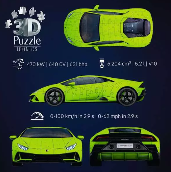 Das Bild zeigt ein grünes Lamborghini-Puzzle in verschiedenen Ansichten: oben, Seite, vorne und hinten. Spezifikationen und Branding sind ebenfalls vorhanden.