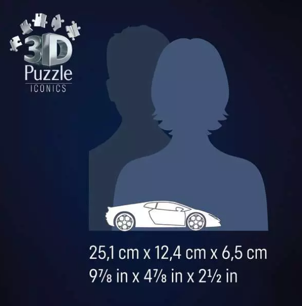 Das Bild zeigt eine Autosilhouette, zwei menschliche Silhouetten und Text mit Abmessungen sowie ein 3D-Puzzle-Logo.
