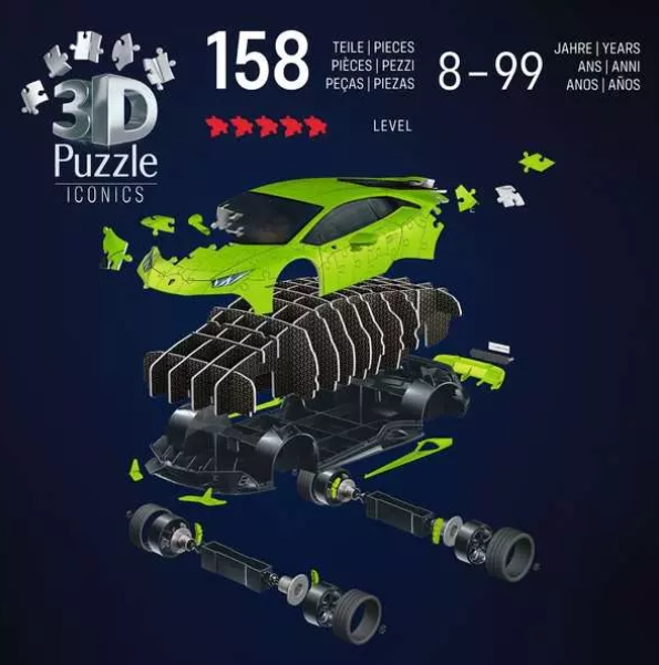 Ein zerlegtes 3D-Puzzle eines grünen Lamborghini. Das Bild zeigt die Teile und die Autoteile, mit Text, der Alter und Stückzahl angibt.