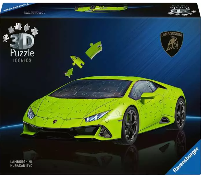 Eine 3D-Puzzle-Box mit einem neongrünen Lamborghini Huracán EVO. Puzzleteile schweben über dem Auto.