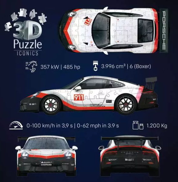 Das Bild zeigt einen Porsche 911 als Puzzle-Auto. Enthält Ansichten von oben, Seite, vorne und hinten mit Spezifikationen wie Motor- und Geschwindigkeitsdetails.