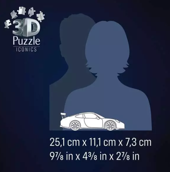 Bild mit 3D-Puzzle-Text, Silhouetten von zwei Personen, einem weißen Sportwagen und Größenangaben in cm und Zoll.