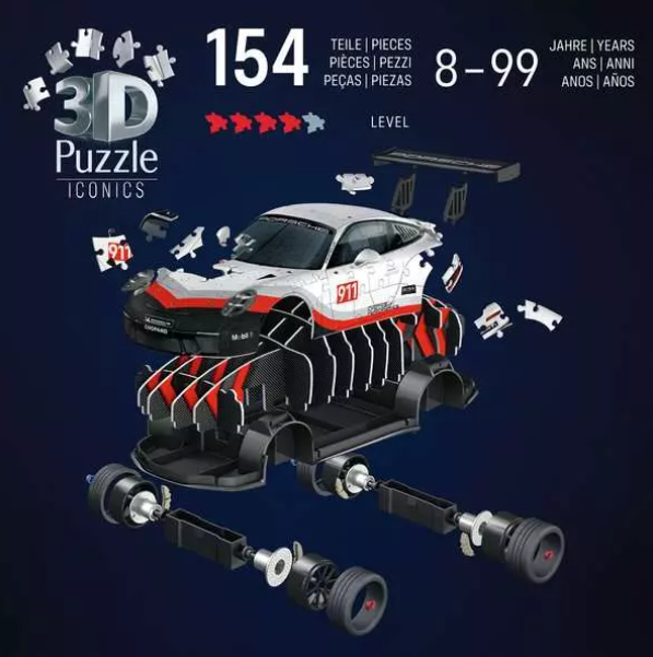 Ein 3D-Puzzle eines Porsche 911, mit 154 Teilen. Das Bild zeigt das teilweise zusammengebaute Auto in Rot, Weiß und Schwarz.