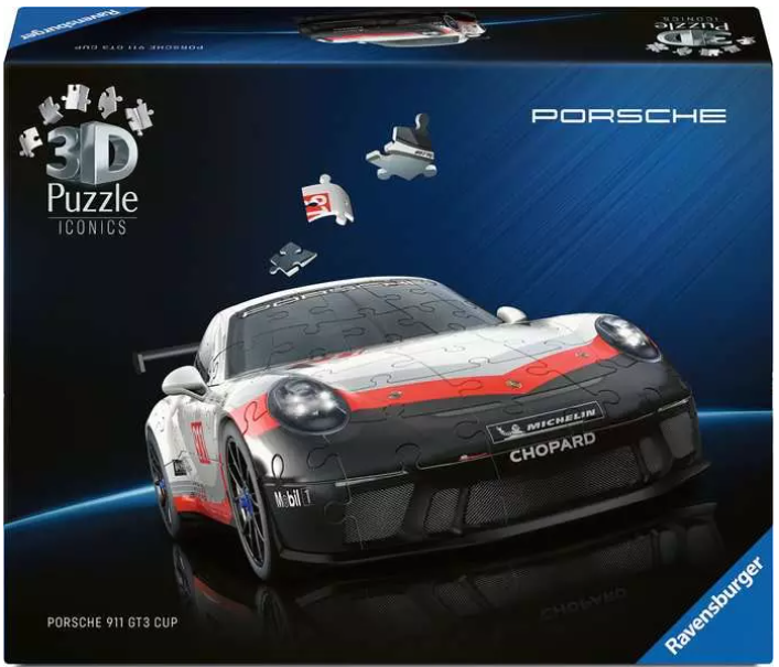 Ein 3D-Puzzle eines Porsche 911 GT3 Cup. Die Box zeigt das fertige Puzzle und einige lose Teile.