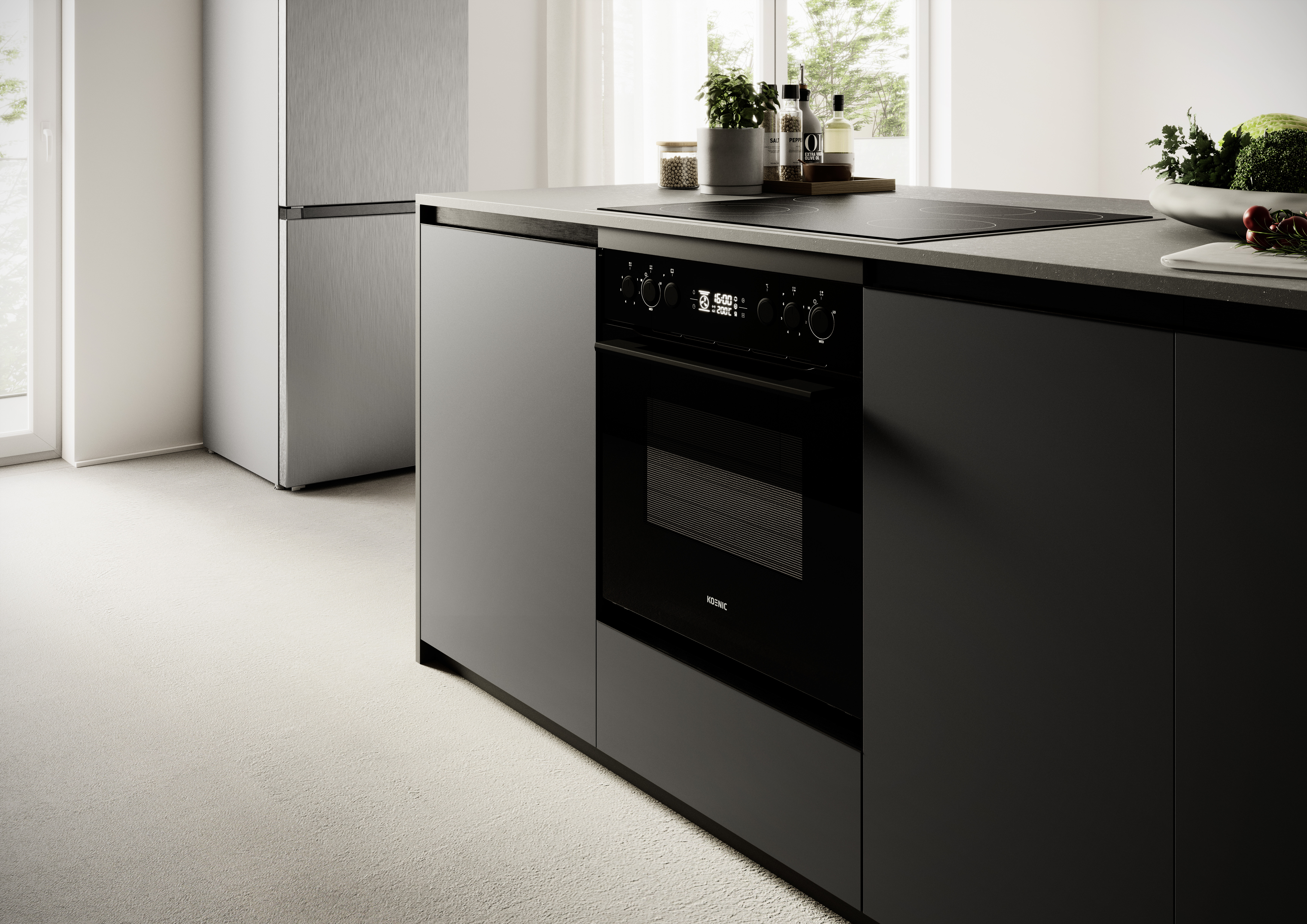 Moderne Küche mit schwarzem Backofen, Arbeitsplatte und Schränken. Kühlschrank links.