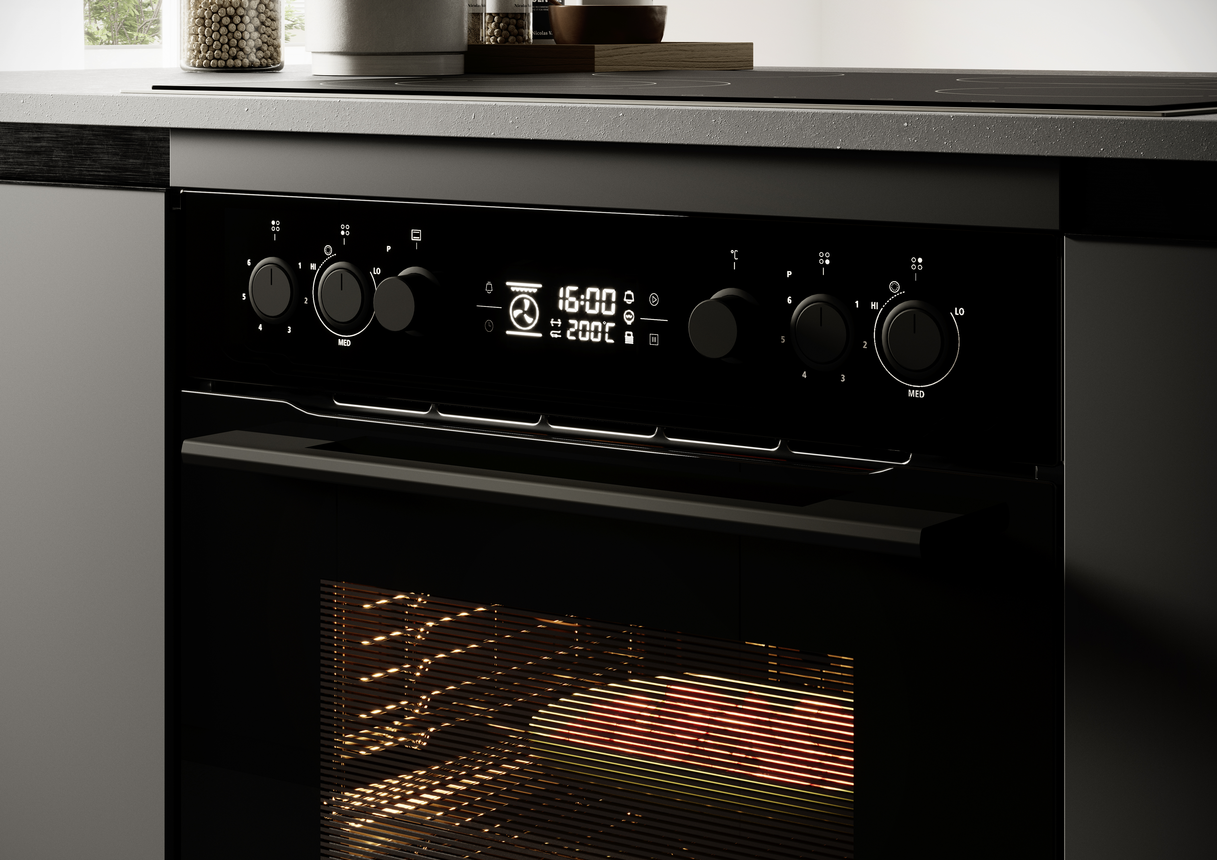 Ein schwarzer Ofen mit Digitalanzeige, die 16:00 und 200°C zeigt. Knöpfe und eine offene Ofentür sind sichtbar.