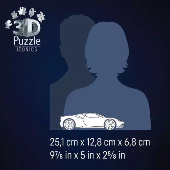 Das Bild zeigt ein Autopuzzle, zwei Silhouetten und Abmessungen in cm und Zoll. Das Puzzle ist mit '3D Puzzle ICONICS' beschriftet.