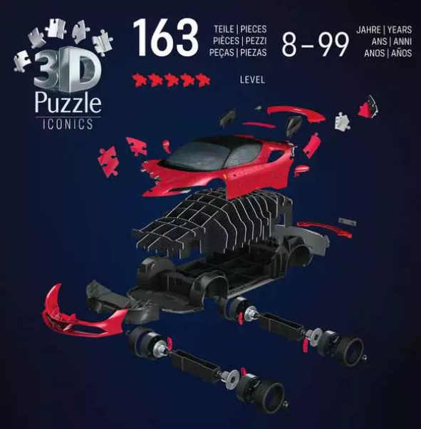 Ein zerlegtes rotes Ferrari 3D-Puzzle mit 163 Teilen. Der Altersbereich ist 8-99. Der Hintergrund ist dunkelblau.