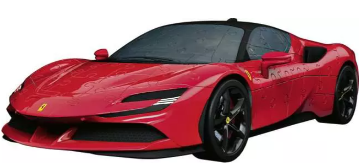 Ein rotes Ferrari SF90 Sportwagen-Puzzle. Schwarze Räder, Dach und ein elegantes Design. Das Puzzle besteht aus vielen Teilen.