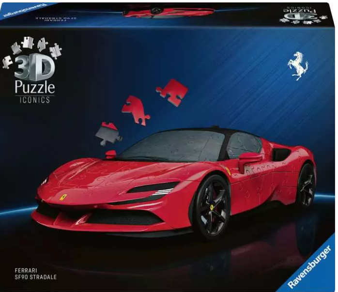 Ein rotes Ferrari SF90 Stradale 3D-Puzzle. Die Schachtel zeigt Puzzleteile, die um das Auto schweben. Der Hintergrund ist dunkelblau.