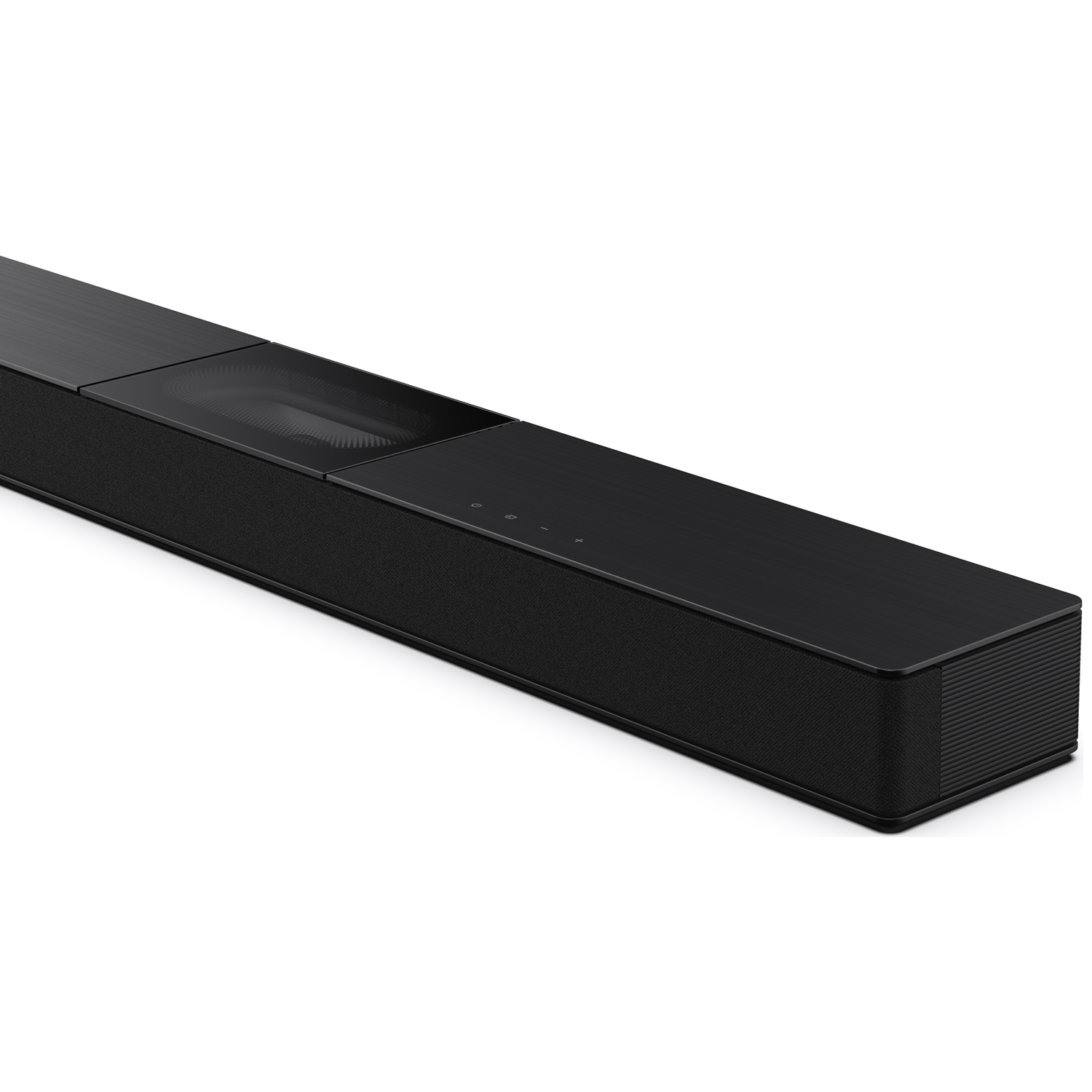 A black soundbar on a white background. It has a mesh front, and a top with buttons. The soundbar is angled.