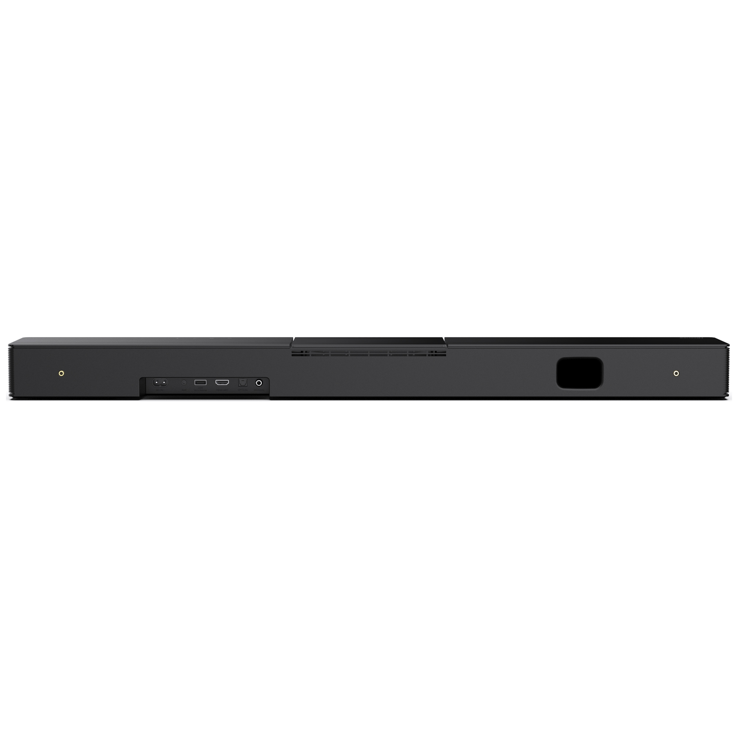 A black soundbar with various ports and buttons is centered against a white background.