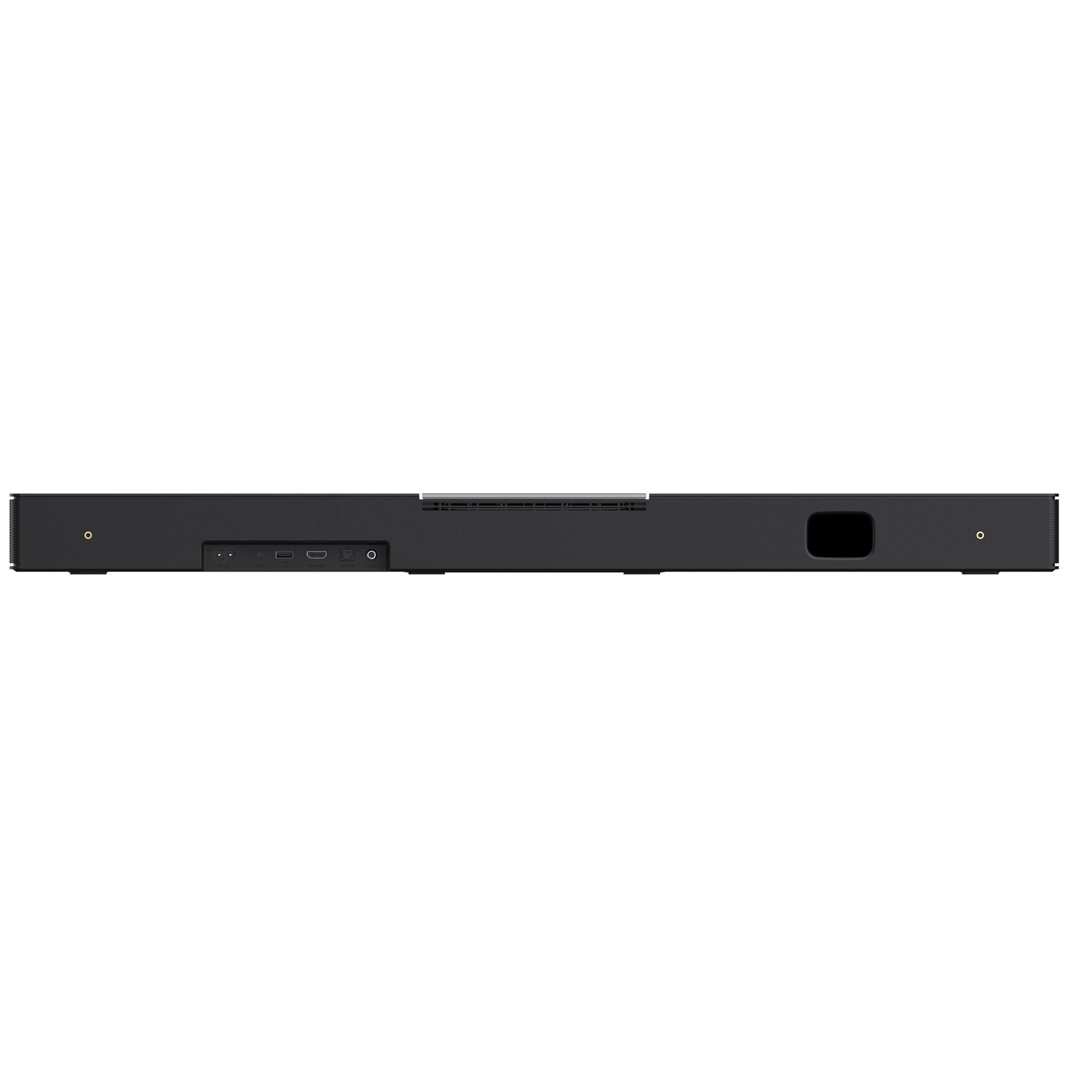 A black soundbar with various ports and a speaker. The soundbar is against a white background.